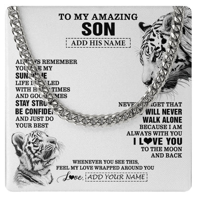 Cuban Link Chain Necklace Stainless Steel | 1 | Personalized To My Amazing Son Necklace From Mom Dad Father White Tiger It A Big Hug Son Birthday Gifts Graduation Christmas Custom Gift Box Message Card | https://teecentury.