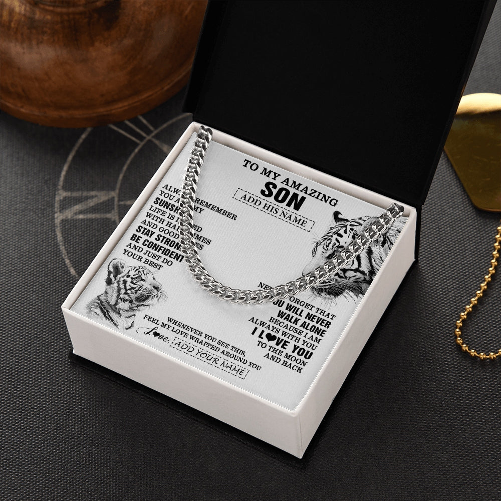 Cuban Link Chain Necklace Stainless Steel | 2 | Personalized To My Amazing Son Necklace From Mom Dad Father White Tiger It A Big Hug Son Birthday Gifts Graduation Christmas Custom Gift Box Message Card | https://teecentury.