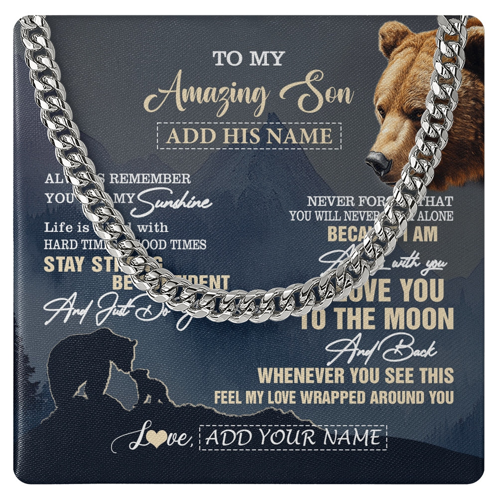 Cuban Link Chain Necklace Stainless Steel | 1 | Personalized To My Amazing Son Necklace From Mom Dad Mother Father Bear It A Big Hug Son Birthday Gifts Graduation Christmas Custom Gift Box Message Card | https://teecentury.