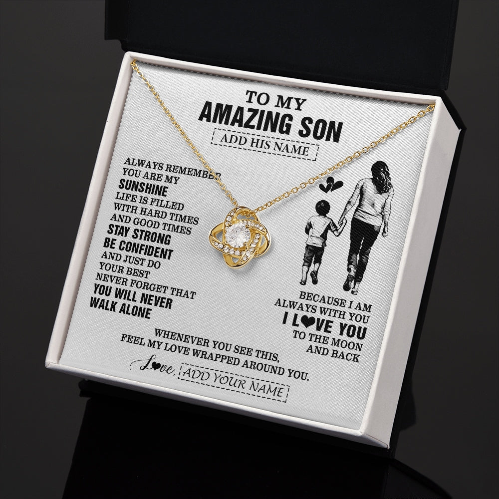 Love Knot Necklace 18K Yellow Gold Finish | 2 | Personalized To My Amazing Son Necklace From Mom Mother Woman It A Big Hug Son Birthday Gifts Graduation Christmas Custom Gift Box Message Card | https://teecentury.