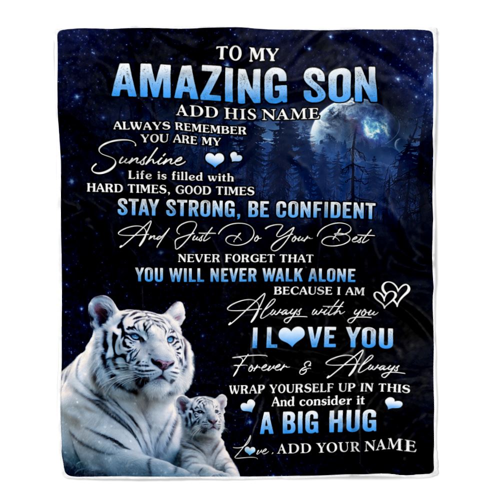 Personalized To My Amazing Son White Tiger Blanket From Mom Dad Mother Father My Sunshine Son Birthday Gifts Graduation Christmas Customized Fleece Blanket | teecentury