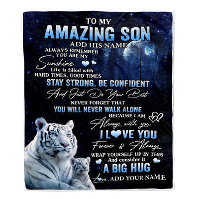Personalized To My Amazing Son White Tiger Blanket From Mom Dad Mother Father My Sunshine Son Birthday Gifts Graduation Christmas Customized Fleece Blanket | teecentury