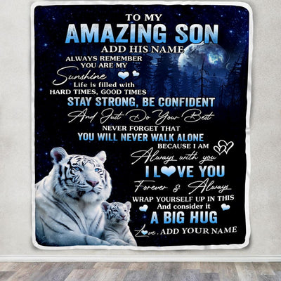 Personalized To My Amazing Son White Tiger Blanket From Mom Dad Mother Father My Sunshine Son Birthday Gifts Graduation Christmas Customized Fleece Blanket | teecentury