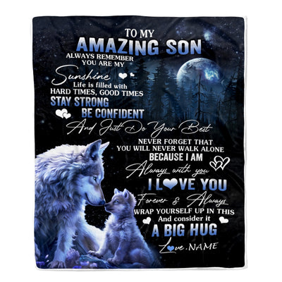 Personalized To My Amazing Son Wolf Blanket From Mom Dad Mother Father Moon Wolf Son Birthday Graduation Christmas Customized Bed Fleece Throw Blanket | teecentury
