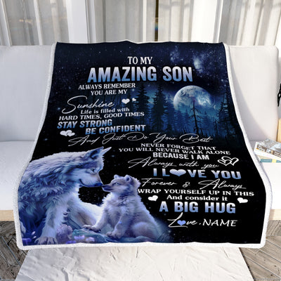 Personalized To My Amazing Son Wolf Blanket From Mom Dad Mother Father Moon Wolf Son Birthday Graduation Christmas Customized Bed Fleece Throw Blanket | teecentury