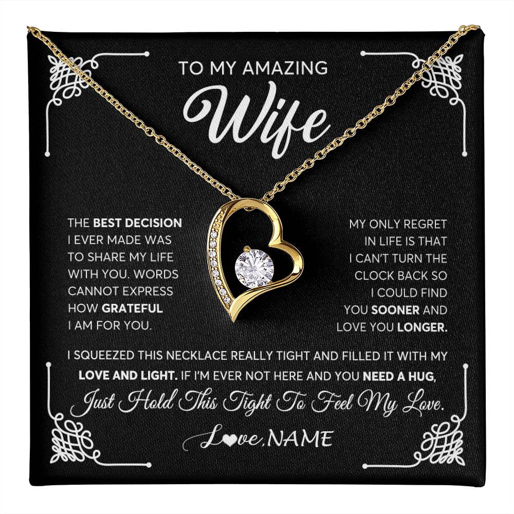 Forever Love Necklace 18K Yellow Gold Finish | 1 | Personalized To My Amazing Wife Necklace From Husband The Best Decision I Ever Made Wife Wedding Day Birthday Christmas Customized Gift Box Message Card | teecentury
