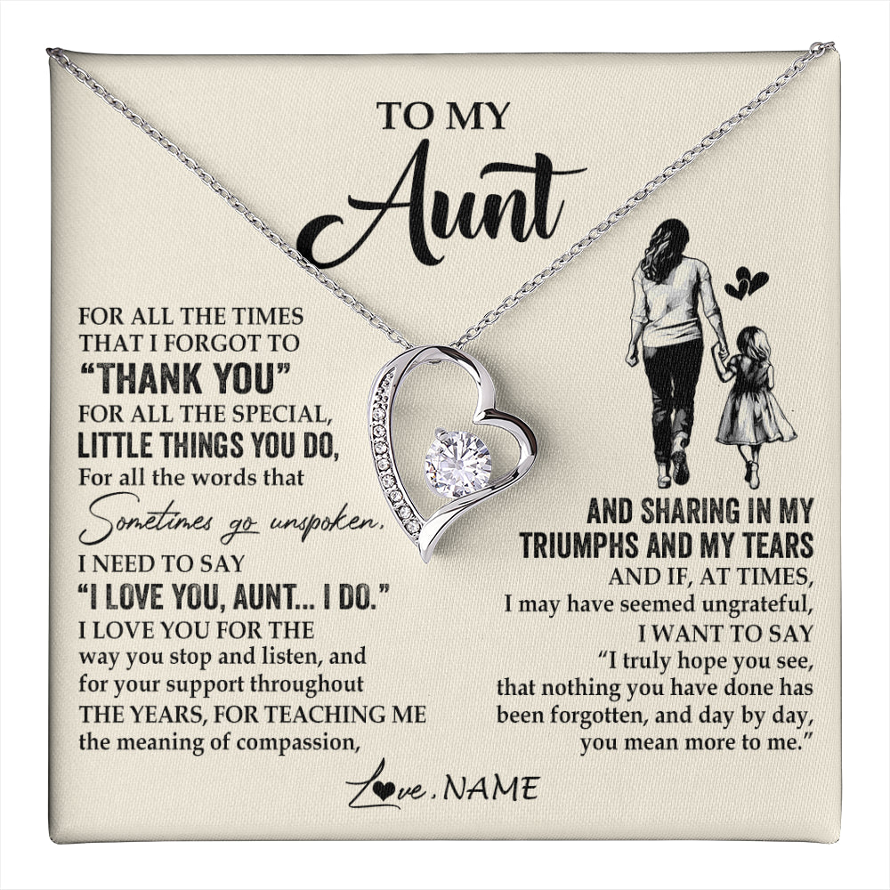 Forever Love Necklace 14K White Gold Finish | 1 | Personalized To My Aunt Necklace From Niece For All The Times That I Forgot To Thank You Aunt Birthday Mothers Day Christmas Customized Gift Box Message Card | teecentury