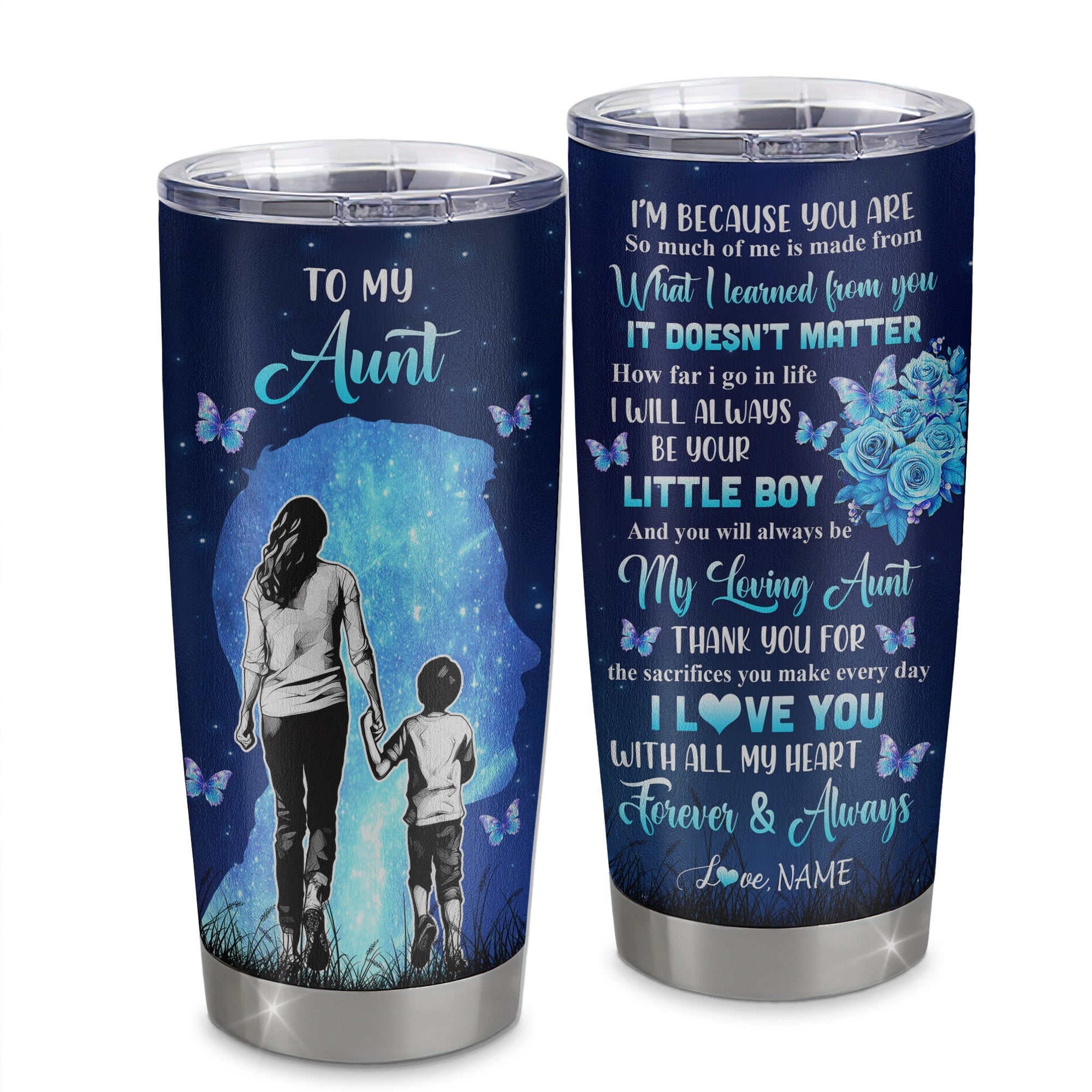 Personalized To My Aunt Tumbler From Nephew Stainless Steel Cup Butterfly Forever And Always Aunt Gift Birthday Mothers Day Thanksgiving Christmas Travel Mug | teecentury