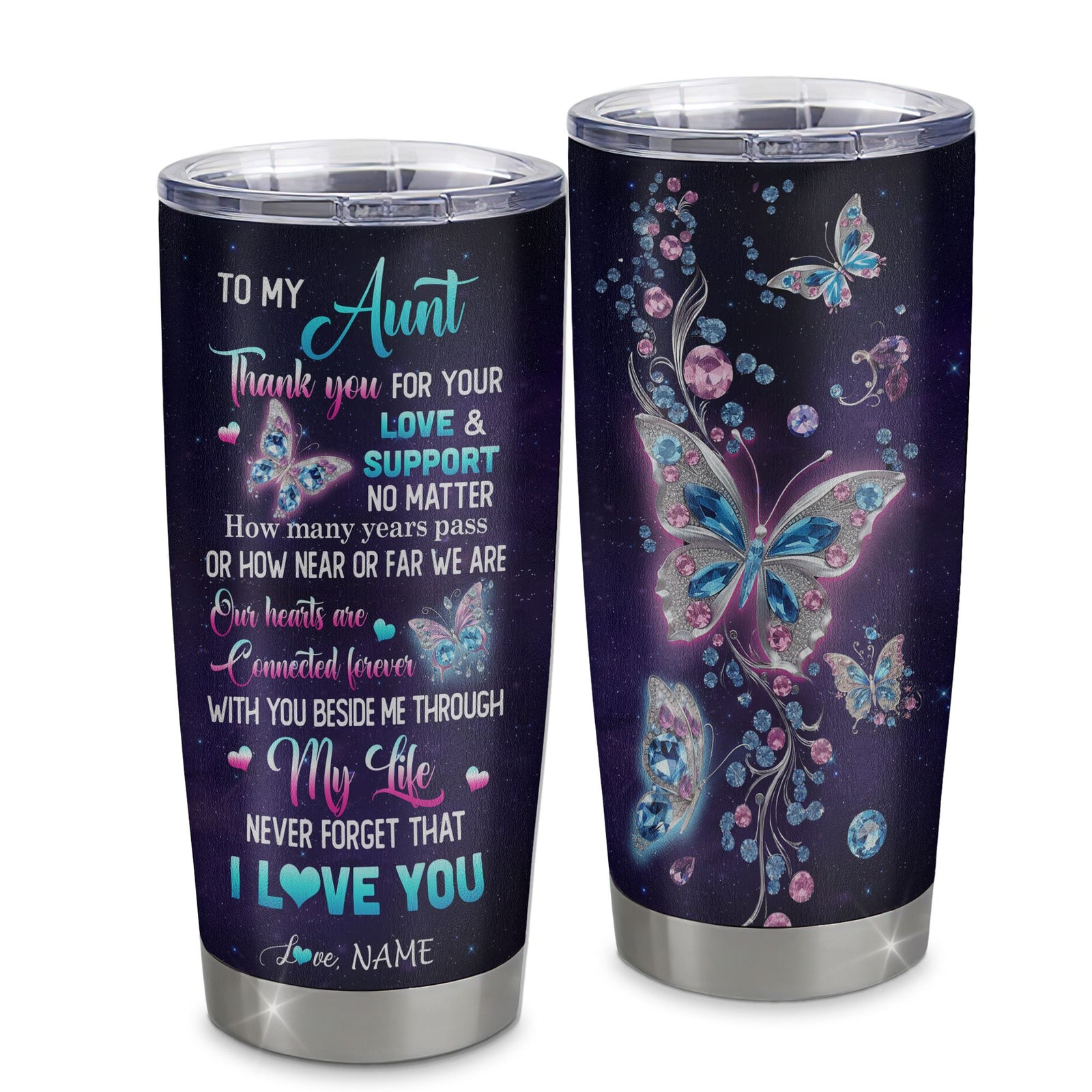 Personalized To My Aunt Tumbler From Niece Nephew Stainless Steel Butterfly Thank You For Your Love Aunt Gift Birthday Mothers Day Christmas Custom Travel Mug | teecentury
