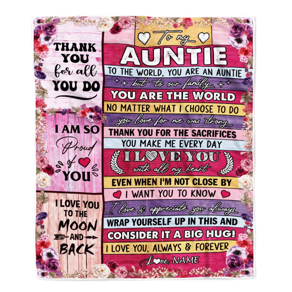 Personalized To My Auntie Blanket From Niece Nephew Wood Floral Thank You I Love You Auntie Birthday Mothers Day Christmas Customized Fleece Throw Blanket | teecentury