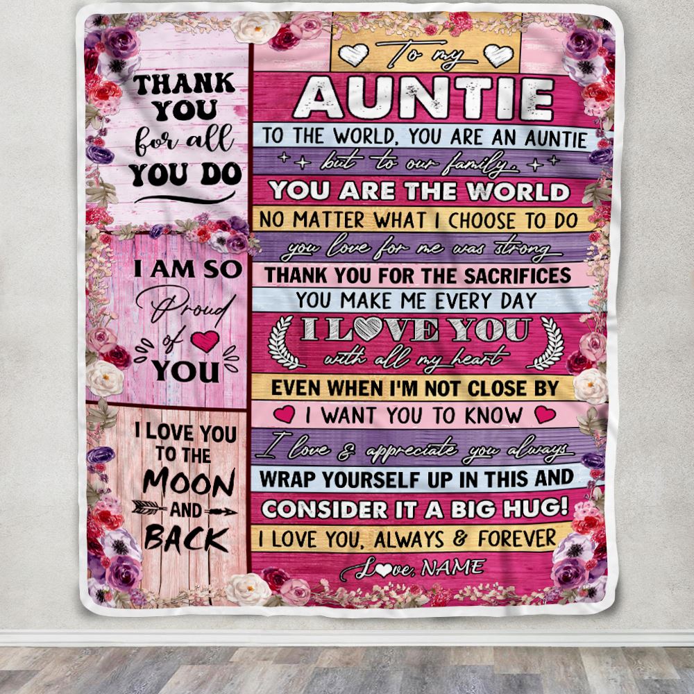 Personalized To My Auntie Blanket From Niece Nephew Wood Floral Thank You I Love You Auntie Birthday Mothers Day Christmas Customized Fleece Throw Blanket | teecentury