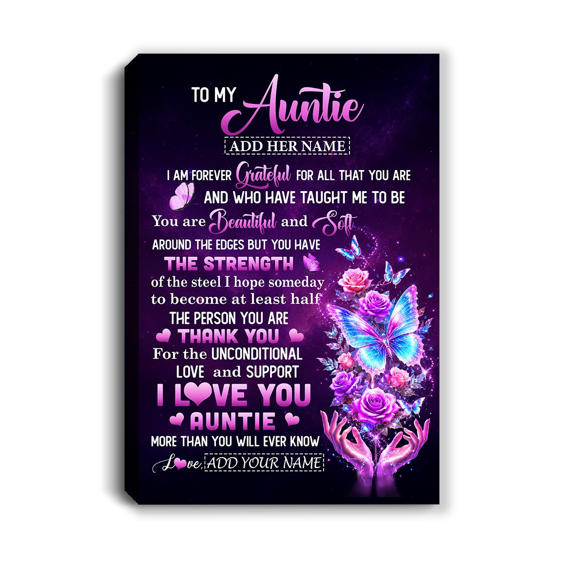 Personalized To My Auntie Canvas From Niece Thank You For Love Butterfly Auntie Birthday Gifts Mothers Day Thanksgiving Christmas Custom Wall Art Framed Canvas | teecentury