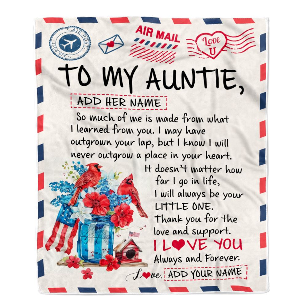 Personalized To My Auntie Gifts Blanket From Niece Nephew Cardinal Letter Air Mail Letter Birthday Gifts For Auntie Mothers Day Christmas Auntie Fleece Throw Blanket | teecentury