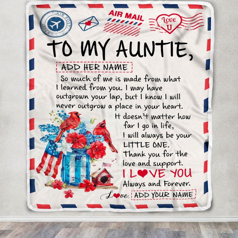 Personalized To My Auntie Gifts Blanket From Niece Nephew Cardinal Letter Air Mail Letter Birthday Gifts For Auntie Mothers Day Christmas Auntie Fleece Throw Blanket | teecentury