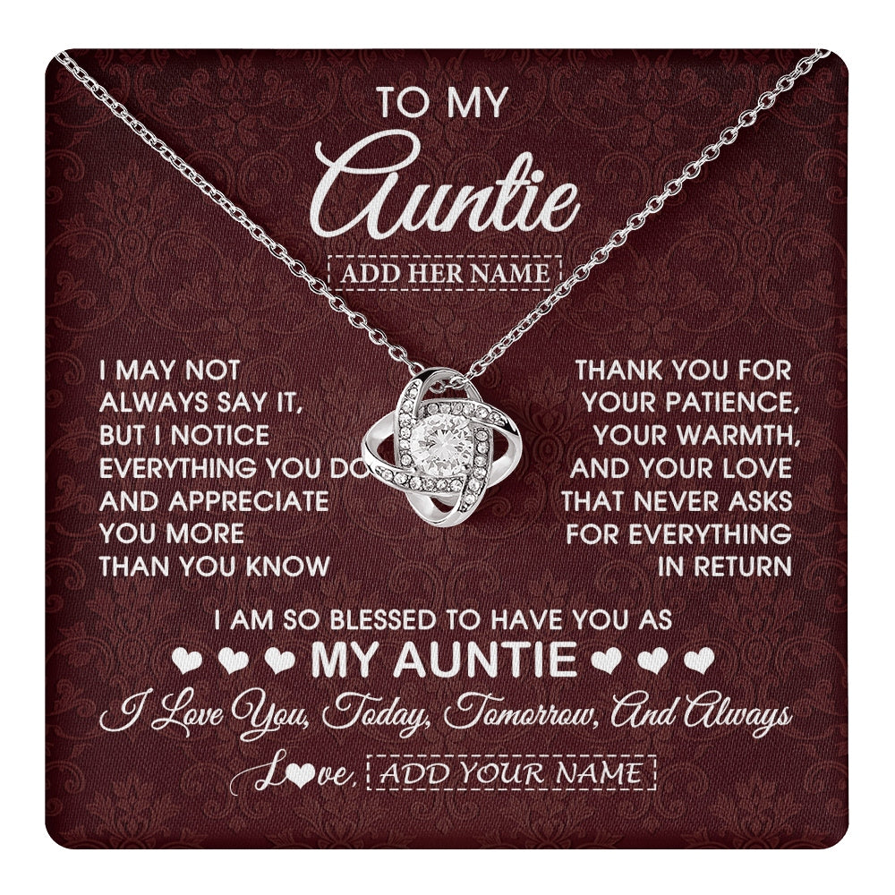 Love Knot Necklace 14K White Gold Finish | 1 | Personalized To My Auntie Gifts From Niece Nephew Necklace Meaningful Jewelry Pendant Gifts For Auntie Mothers Day Birthday Christmas Gift Box Message Card | https://teecentury.