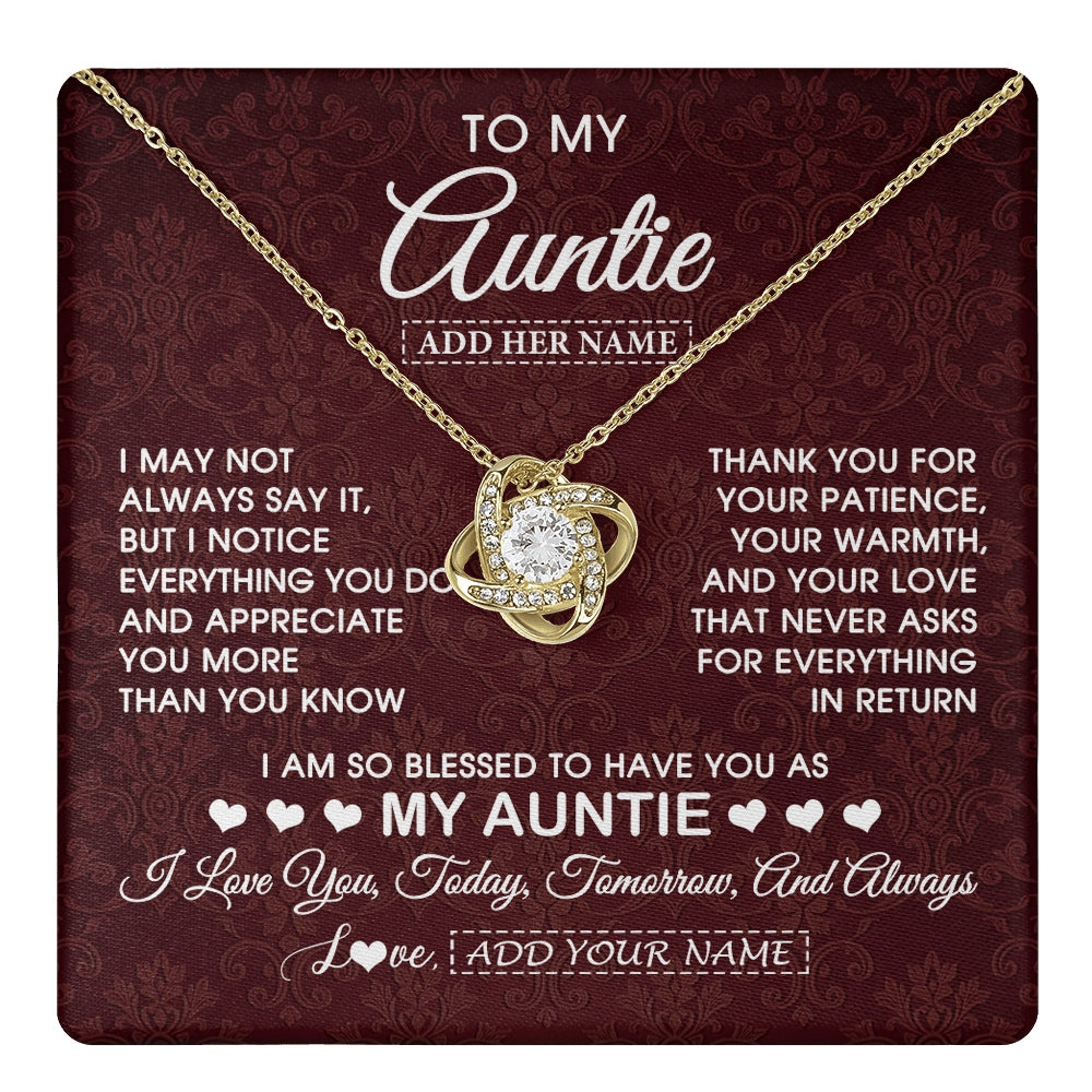 Love Knot Necklace 18K Yellow Gold Finish | 1 | Personalized To My Auntie Gifts From Niece Nephew Necklace Meaningful Jewelry Pendant Gifts For Auntie Mothers Day Birthday Christmas Gift Box Message Card | https://teecentury.
