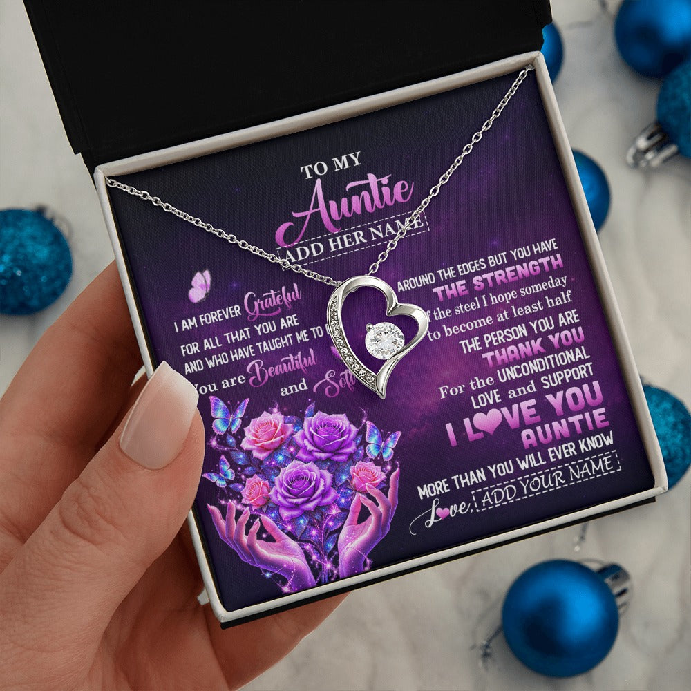 Forever Love Necklace 14K White Gold Finish | 2 | Personalized To My Auntie Necklace From Niece Thank You For Love Butterfly Auntie Birthday Mothers Day Thanksgiving Christmas Custom Gift Box Message Card | https://teecentury.