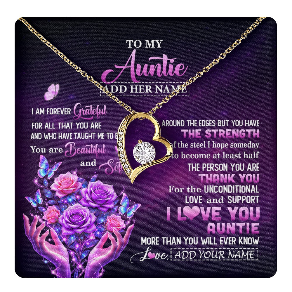 Forever Love Necklace 18K Yellow Gold Finish | 1 | Personalized To My Auntie Necklace From Niece Thank You For Love Butterfly Auntie Birthday Mothers Day Thanksgiving Christmas Custom Gift Box Message Card | https://teecentury.
