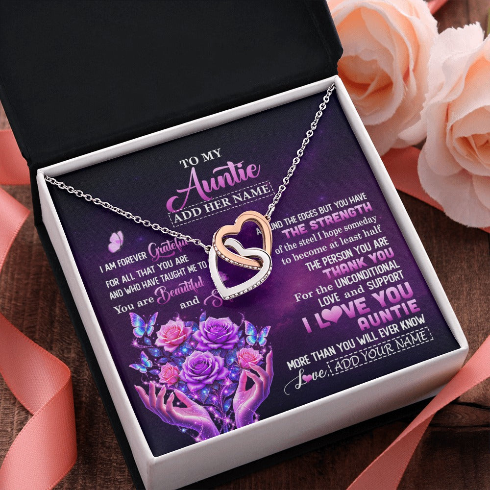 Interlocking Hearts Necklace Stainless Steel & Rose Gold Finish | 2 | Personalized To My Auntie Necklace From Niece Thank You For Love Butterfly Auntie Birthday Mothers Day Thanksgiving Christmas Custom Gift Box Message Card | https://teecentury.