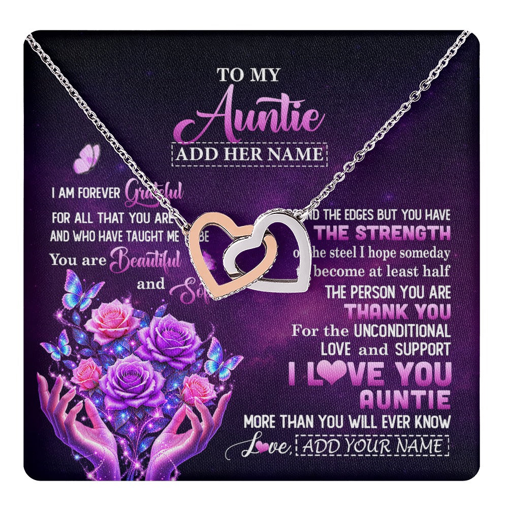 Interlocking Hearts Necklace Stainless Steel & Rose Gold Finish | 1 | Personalized To My Auntie Necklace From Niece Thank You For Love Butterfly Auntie Birthday Mothers Day Thanksgiving Christmas Custom Gift Box Message Card | https://teecentury.