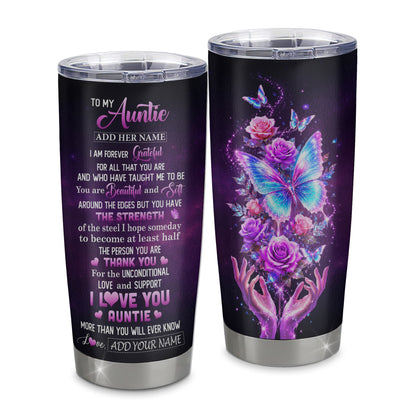 Personalized To My Auntie Tumbler From Niece Thank You For Love Butterfly Auntie Birthday Gifts Mothers Day Thanksgiving Christmas Custom Stainless Steel Mug | teecentury