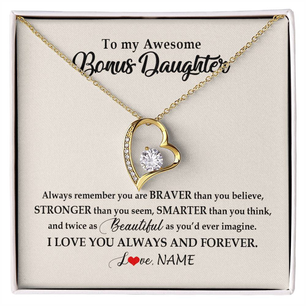Forever Love Necklace 18K Yellow Gold Finish | Personalized To My Awesome Bonus Daughter Necklace From Stepmom I Love You Always And Forever Stepdaughter Birthday Christmas Customized Gift Box Message Card | teecentury