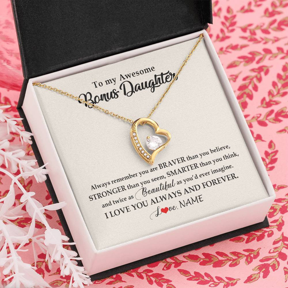 Forever Love Necklace 18K Yellow Gold Finish | Personalized To My Awesome Bonus Daughter Necklace From Stepmom I Love You Always And Forever Stepdaughter Birthday Christmas Customized Gift Box Message Card | teecentury