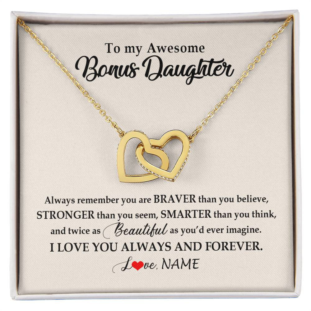 Interlocking Hearts Necklace 18K Yellow Gold Finish | Personalized To My Awesome Bonus Daughter Necklace From Stepmom I Love You Always And Forever Stepdaughter Birthday Christmas Customized Gift Box Message Card | teecentury