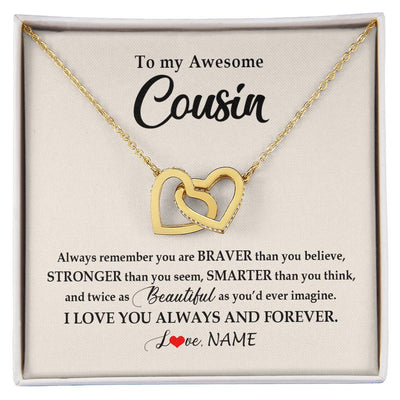 Interlocking Hearts Necklace 18K Yellow Gold Finish | Personalized To My Awesome Cousin Necklace From Family I Love You Always And Forever Cousin Jewelry Birthday Christmas Customized Gift Box Message Card | teecentury