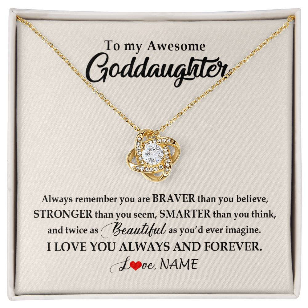 Love Knot Necklace 18K Yellow Gold Finish | Personalized To My Awesome Goddaughter Necklace From Godmother I Love You Always And Forever Goddaughter Birthday Christmas Customized Gift Box Message Card | teecentury