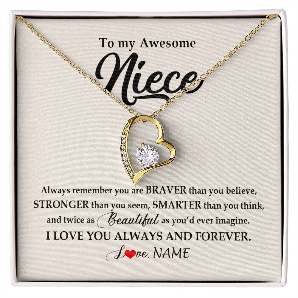 Forever Love Necklace 18K Yellow Gold Finish | Personalized To My Awesome Niece Necklace From Aunt Uncle I Love You Always And Forever Niece Jewelry Birthday Christmas Customized Gift Box Message Card | teecentury