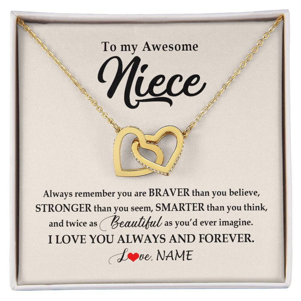 Interlocking Hearts Necklace 18K Yellow Gold Finish | Personalized To My Awesome Niece Necklace From Aunt Uncle I Love You Always And Forever Niece Jewelry Birthday Christmas Customized Gift Box Message Card | teecentury