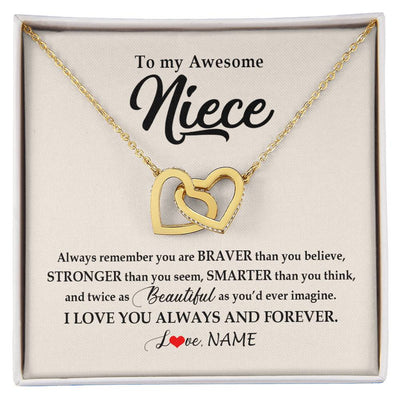 Interlocking Hearts Necklace 18K Yellow Gold Finish | Personalized To My Awesome Niece Necklace From Aunt Uncle I Love You Always And Forever Niece Jewelry Birthday Christmas Customized Gift Box Message Card | teecentury