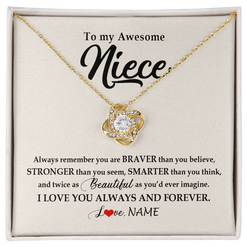 Love Knot Necklace 18K Yellow Gold Finish | Personalized To My Awesome Niece Necklace From Aunt Uncle I Love You Always And Forever Niece Jewelry Birthday Christmas Customized Gift Box Message Card | teecentury