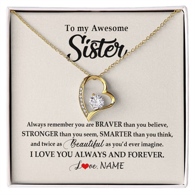 Forever Love Necklace 18K Yellow Gold Finish | Personalized To My Awesome Sister Necklace From Sister Brother I Love You Always And Forever Sister Birthday Christmas Jewelry Customized Gift Box Message Card | teecentury