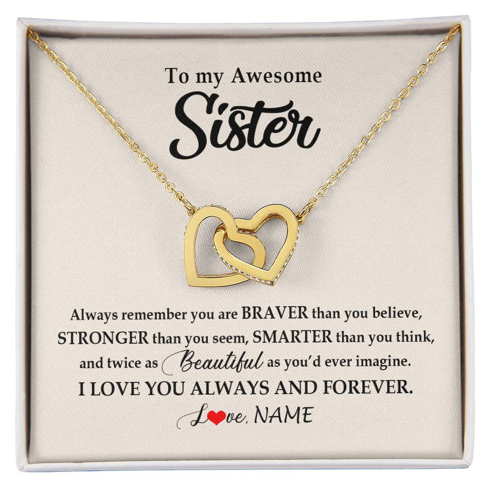 Interlocking Hearts Necklace 18K Yellow Gold Finish | Personalized To My Awesome Sister Necklace From Sister Brother I Love You Always And Forever Sister Birthday Christmas Jewelry Customized Gift Box Message Card | teecentury