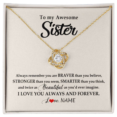 Love Knot Necklace 18K Yellow Gold Finish | Personalized To My Awesome Sister Necklace From Sister Brother I Love You Always And Forever Sister Birthday Christmas Jewelry Customized Gift Box Message Card | teecentury