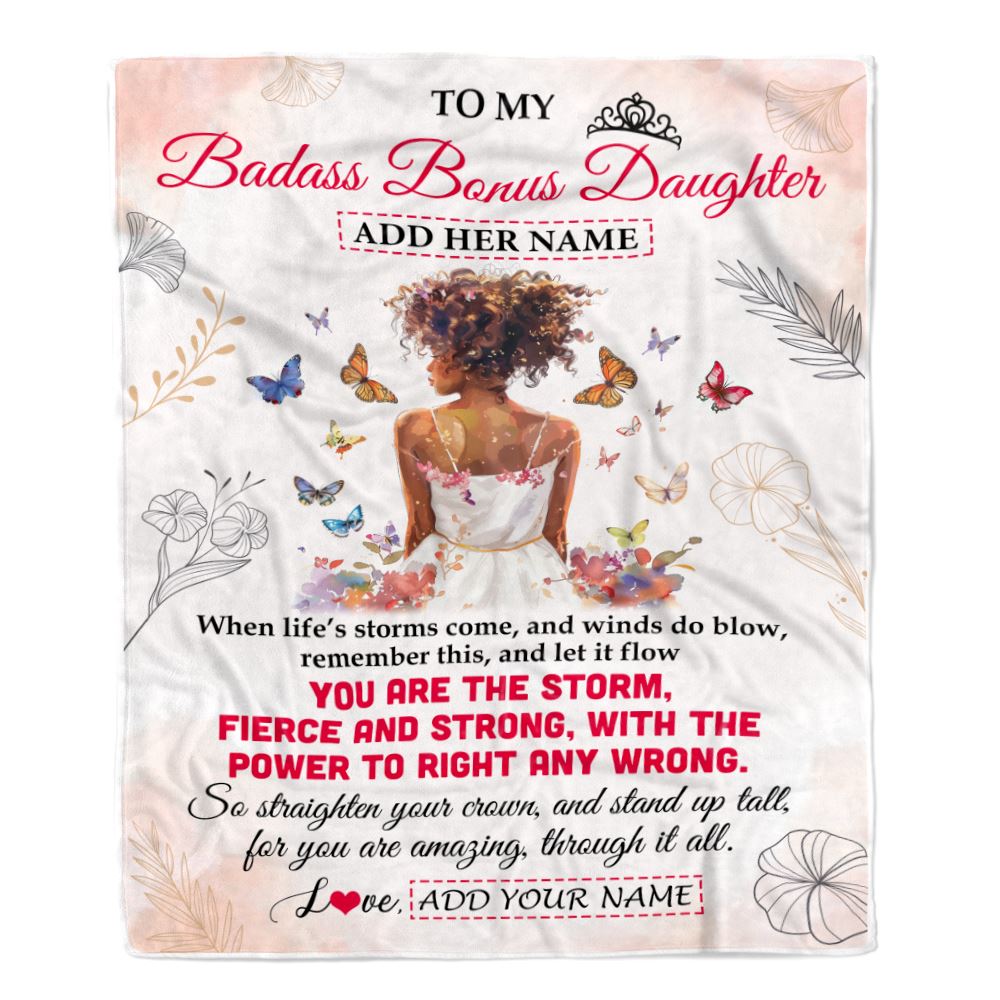 Personalized To My Badass Bonus Daughter Blanket From Stepmom Bonus Dad Floral Butterfly African Afro Girl Stepdaughter Birthday Gifts Christmas Fleece Blanket | teecentury