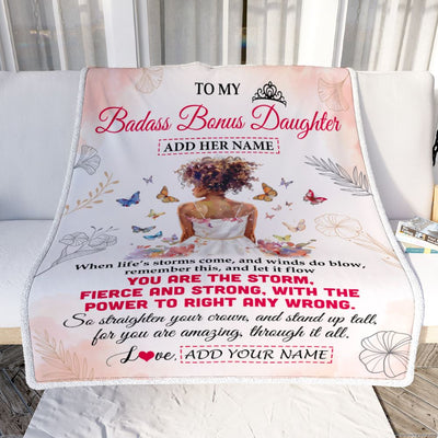 Personalized To My Badass Bonus Daughter Blanket From Stepmom Bonus Dad Floral Butterfly African Afro Girl Stepdaughter Birthday Gifts Christmas Fleece Blanket | teecentury