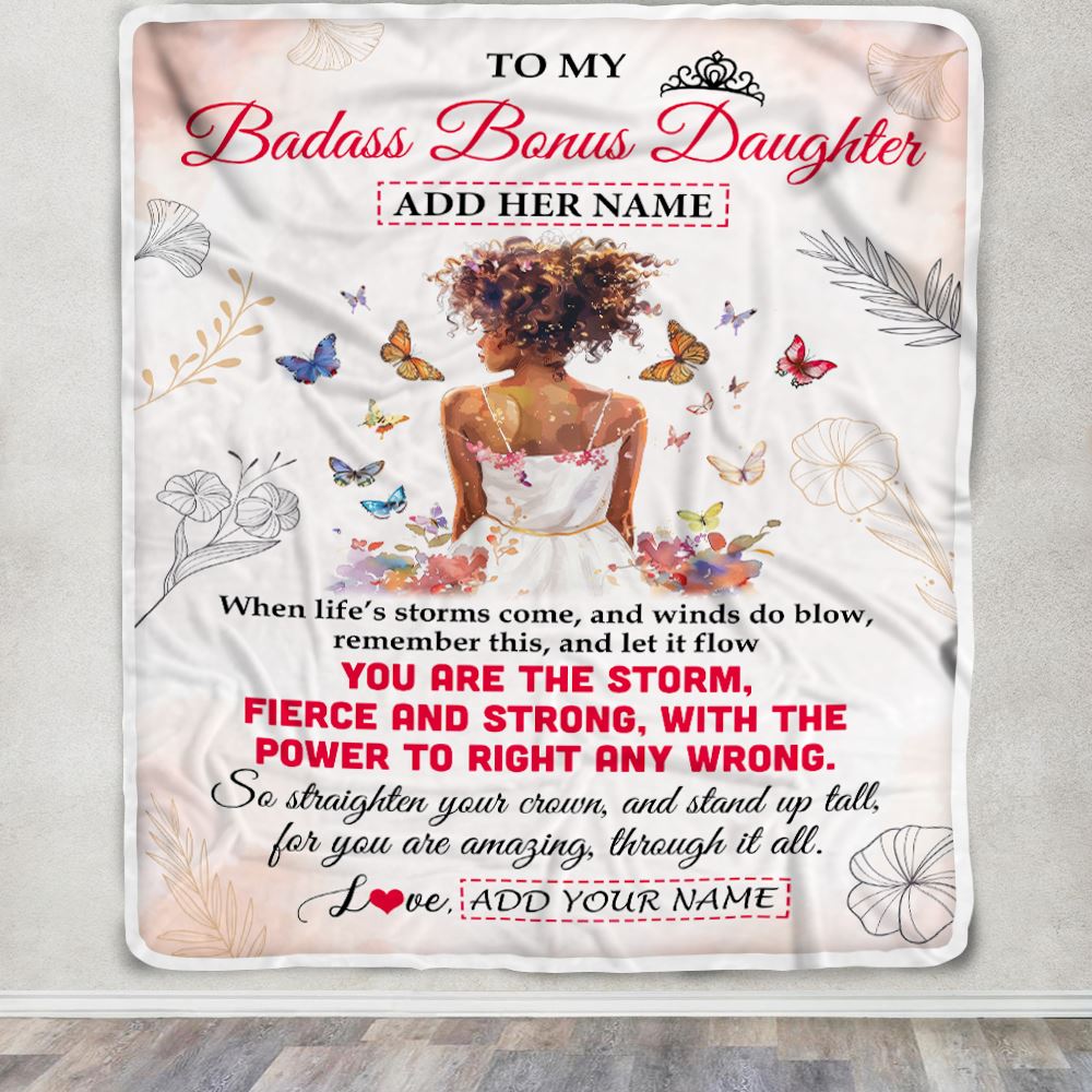 Personalized To My Badass Bonus Daughter Blanket From Stepmom Bonus Dad Floral Butterfly African Afro Girl Stepdaughter Birthday Gifts Christmas Fleece Blanket | teecentury
