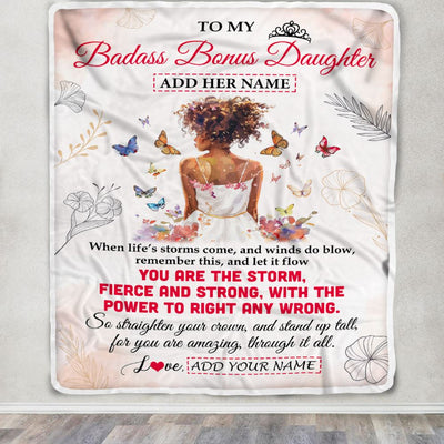 Personalized To My Badass Bonus Daughter Blanket From Stepmom Bonus Dad Floral Butterfly African Afro Girl Stepdaughter Birthday Gifts Christmas Fleece Blanket | teecentury