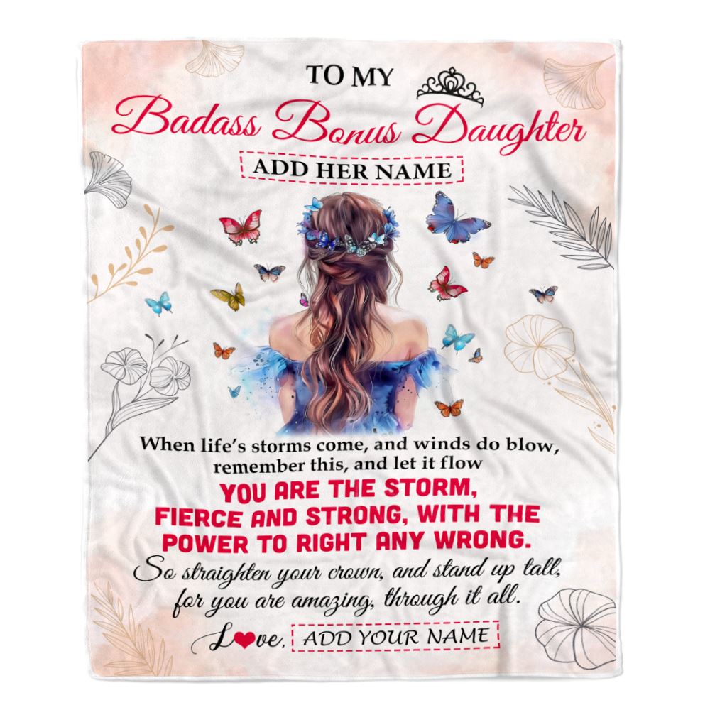 Personalized To My Badass Bonus Daughter Blanlet From Stepmom Bonus Dad Floral Butterfly Stepdaughter Birthday Gifts Christmas Customized Fleece Blanket | teecentury