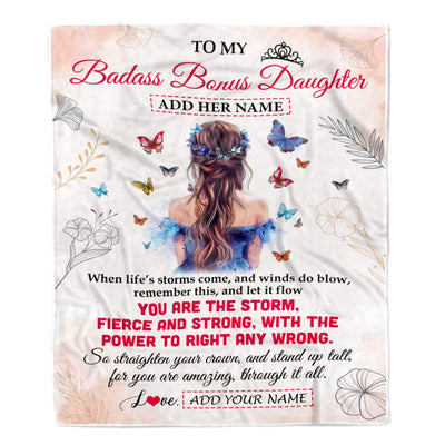 Personalized To My Badass Bonus Daughter Blanlet From Stepmom Bonus Dad Floral Butterfly Stepdaughter Birthday Gifts Christmas Customized Fleece Blanket | teecentury