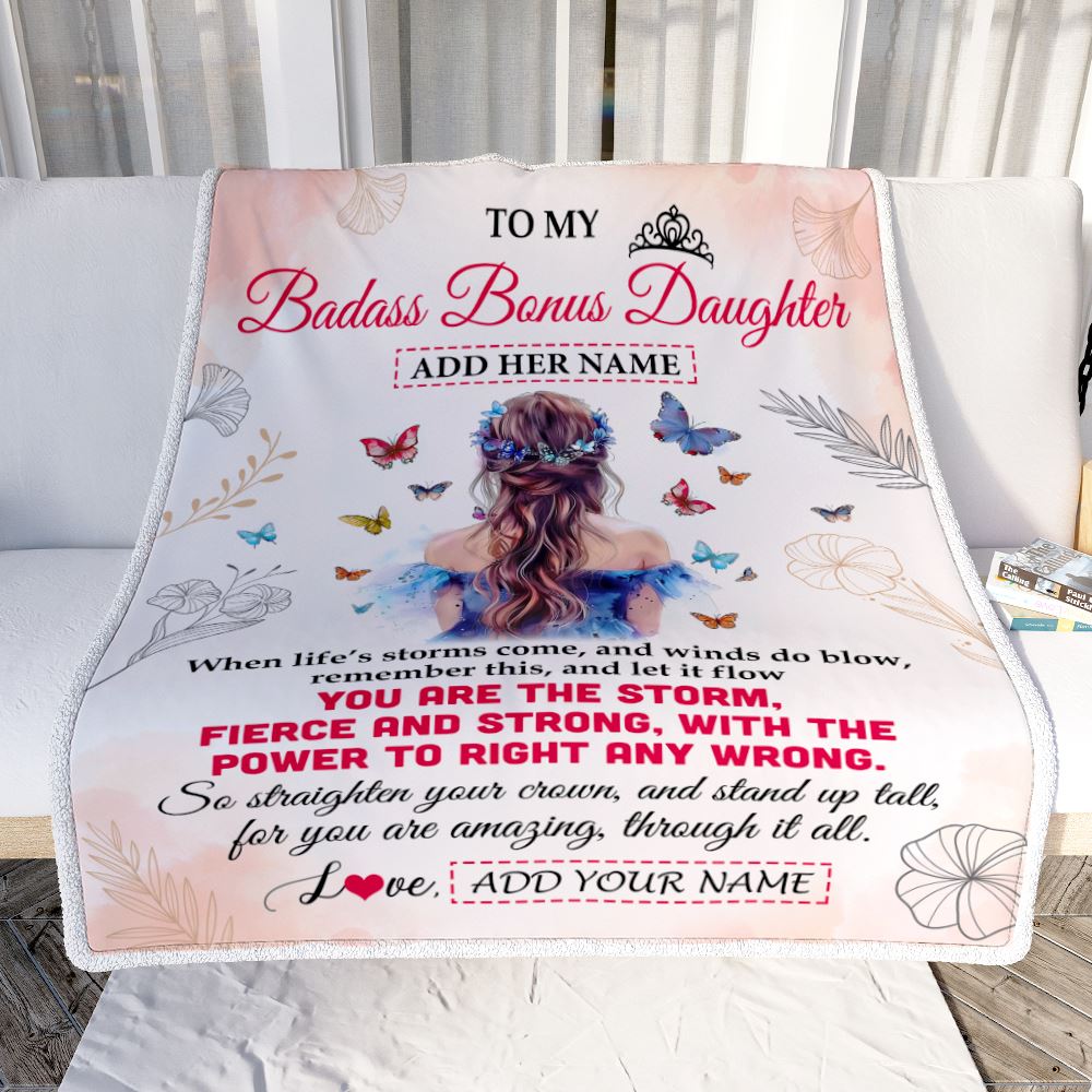 Personalized To My Badass Bonus Daughter Blanlet From Stepmom Bonus Dad Floral Butterfly Stepdaughter Birthday Gifts Christmas Customized Fleece Blanket | teecentury
