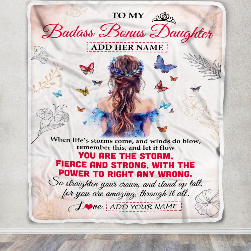 Personalized To My Badass Bonus Daughter Blanlet From Stepmom Bonus Dad Floral Butterfly Stepdaughter Birthday Gifts Christmas Customized Fleece Blanket | teecentury