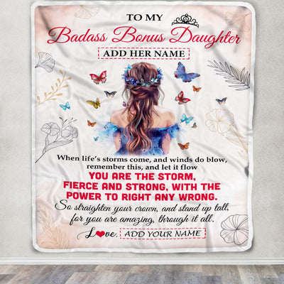 Personalized To My Badass Bonus Daughter Blanlet From Stepmom Bonus Dad Floral Butterfly Stepdaughter Birthday Gifts Christmas Customized Fleece Blanket | teecentury