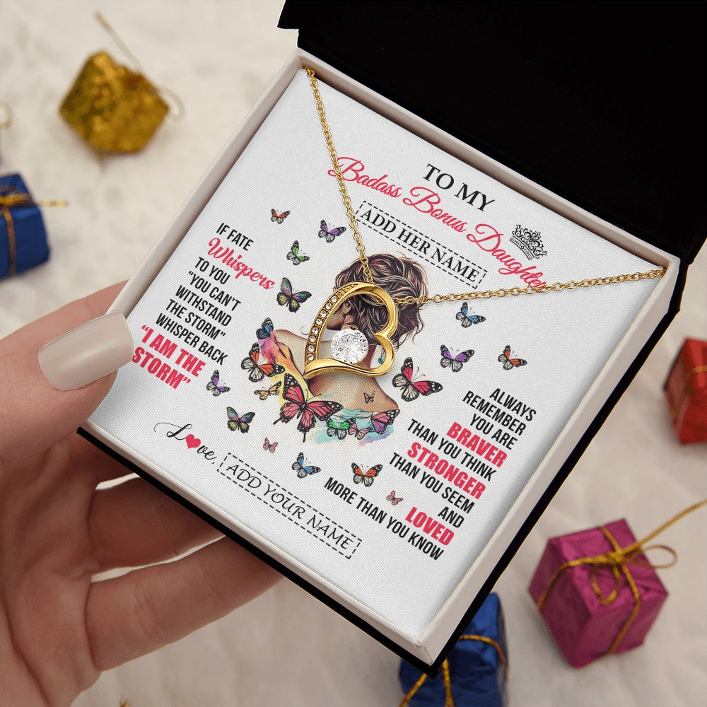 Forever Love Necklace 18K Yellow Gold Finish | 2 | Personalized To My Badass Bonus Daughter From Step Dad Step Mom Necklace I Am The Storm Stepdaughter Gifts Birthday Christmas Custom Gift Box Message Card | https://teecentury.