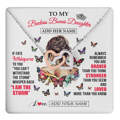 Interlocking Hearts Necklace Stainless Steel & Rose Gold Finish | 1 | Personalized To My Badass Bonus Daughter From Step Dad Step Mom Necklace I Am The Storm Stepdaughter Gifts Birthday Christmas Custom Gift Box Message Card | https://teecentury.