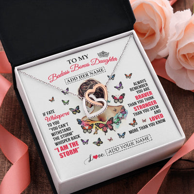 Interlocking Hearts Necklace Stainless Steel & Rose Gold Finish | 2 | Personalized To My Badass Bonus Daughter From Step Dad Step Mom Necklace I Am The Storm Stepdaughter Gifts Birthday Christmas Custom Gift Box Message Card | https://teecentury.