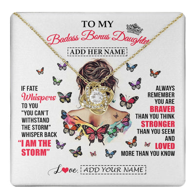 Love Knot Necklace 18K Yellow Gold Finish | 1 | Personalized To My Badass Bonus Daughter From Step Dad Step Mom Necklace I Am The Storm Stepdaughter Gifts Birthday Christmas Custom Gift Box Message Card | https://teecentury.